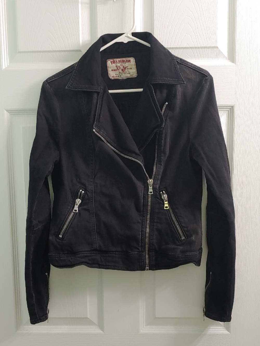 Vintage True Religion Denim Jacket Women's Black Moto Asymmetrical Zip Size M